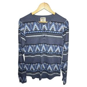 ALPHA BETA Men's Size Medium Blue Geometric Aztec Long Sleeve Henley Shirt